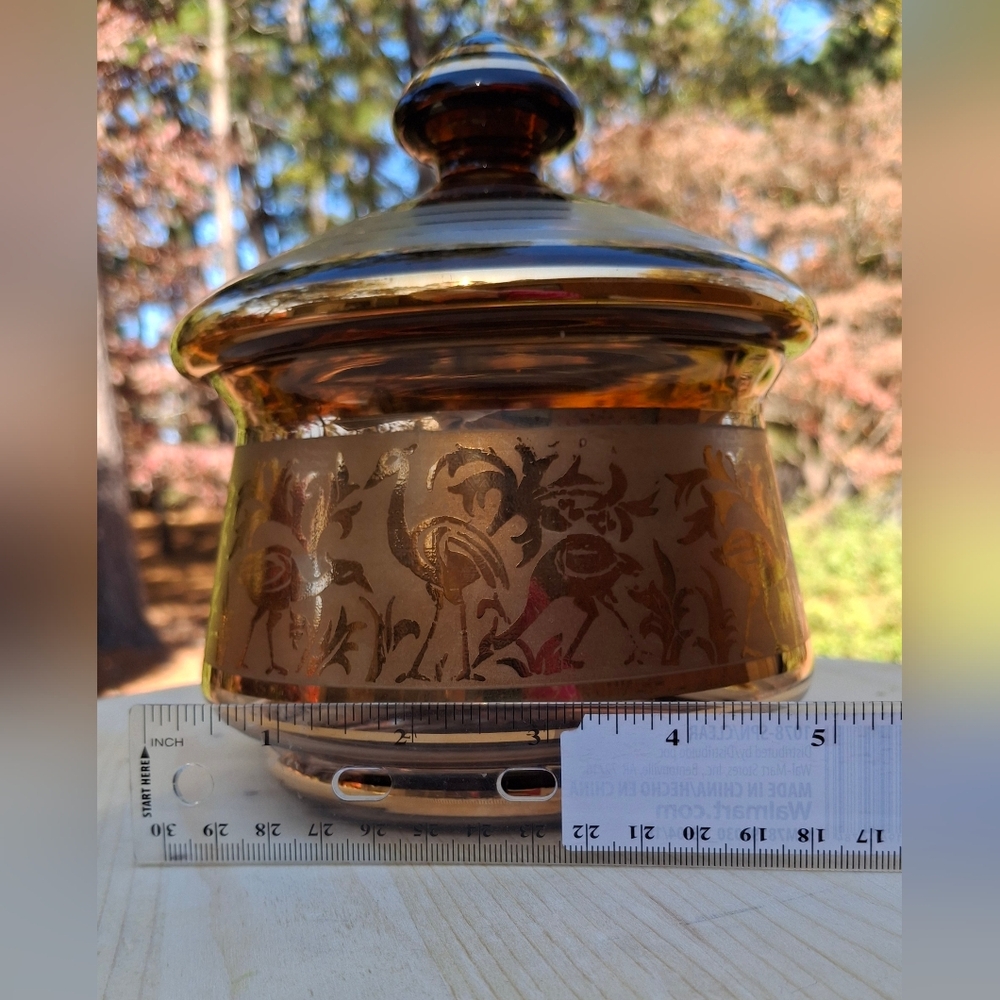 Vintage MCM Czech Bohemian Dark Amber Glass & Gold Cranes Covered Candy Dish - Picture 12 of 14